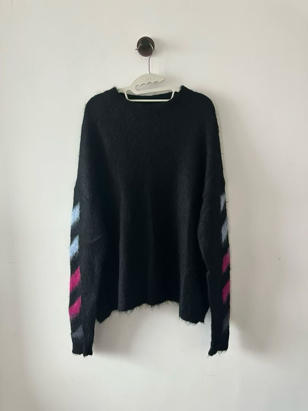 Off-White Black Crewneck Sweater with Pink & Light Blue Chevron Sleeves